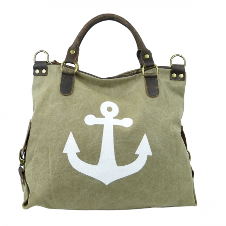 ITAL. DAMEN SCHULTERTASCHE SHOPPER IN CANVAS UND LEDER MIT ANKER DRUCK SHCV2628